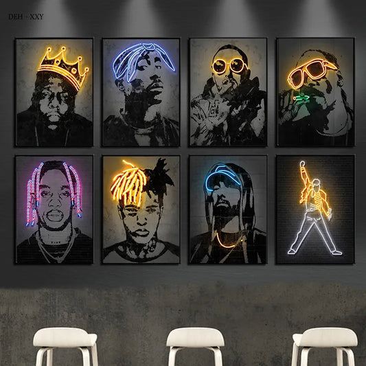 Abstract Neon Design Rapper Star Posters | Hip Hop Singers Wall Art Pictures