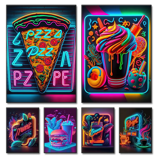 Pizza Hamburger Coffee Ice Cream Neon Poster | Wall Canvas Painting Art Print