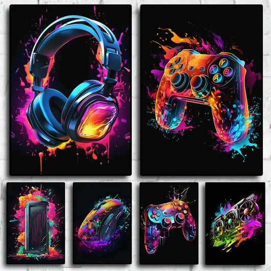 Pop Neon Video Game Character Poster | Gamepad Headphones Canvas Print Wall Art