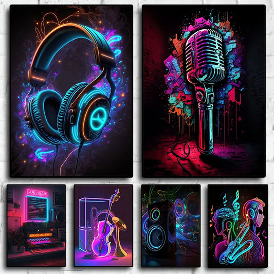 Music Pop Art Neon Punk Poster | DJ Guitar Headphones Musical Canvas